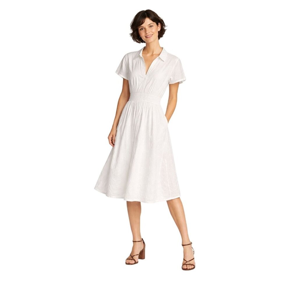 ZARA White Eyelet Medium Midi Dress With Short Sleeves & Shirred Waistline